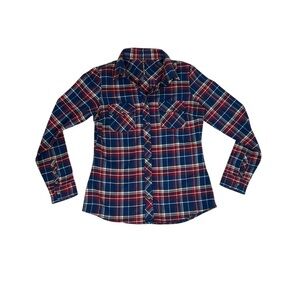 Kuhl Alina Flannel Shirt Womens Medium Blue Plaid Long Sleeve Button Up Outdoor
